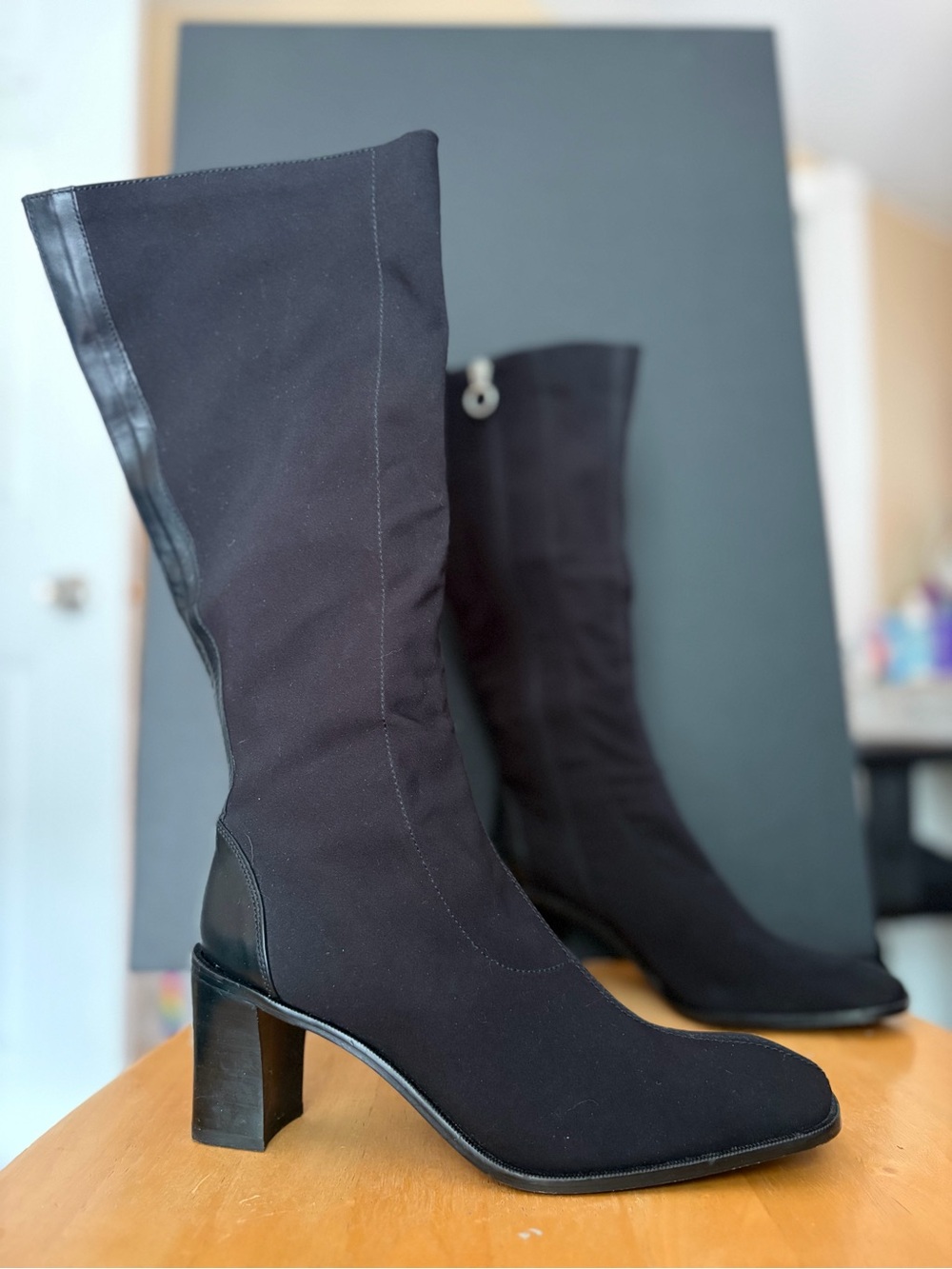 Donald J Pliner Black Stretch Crepe Knee High Boots Block Heel 7.5M Spain